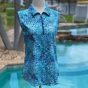 Jofit Tennis Sleevless Polo Shirt, Size S, Blue/Green Pattern